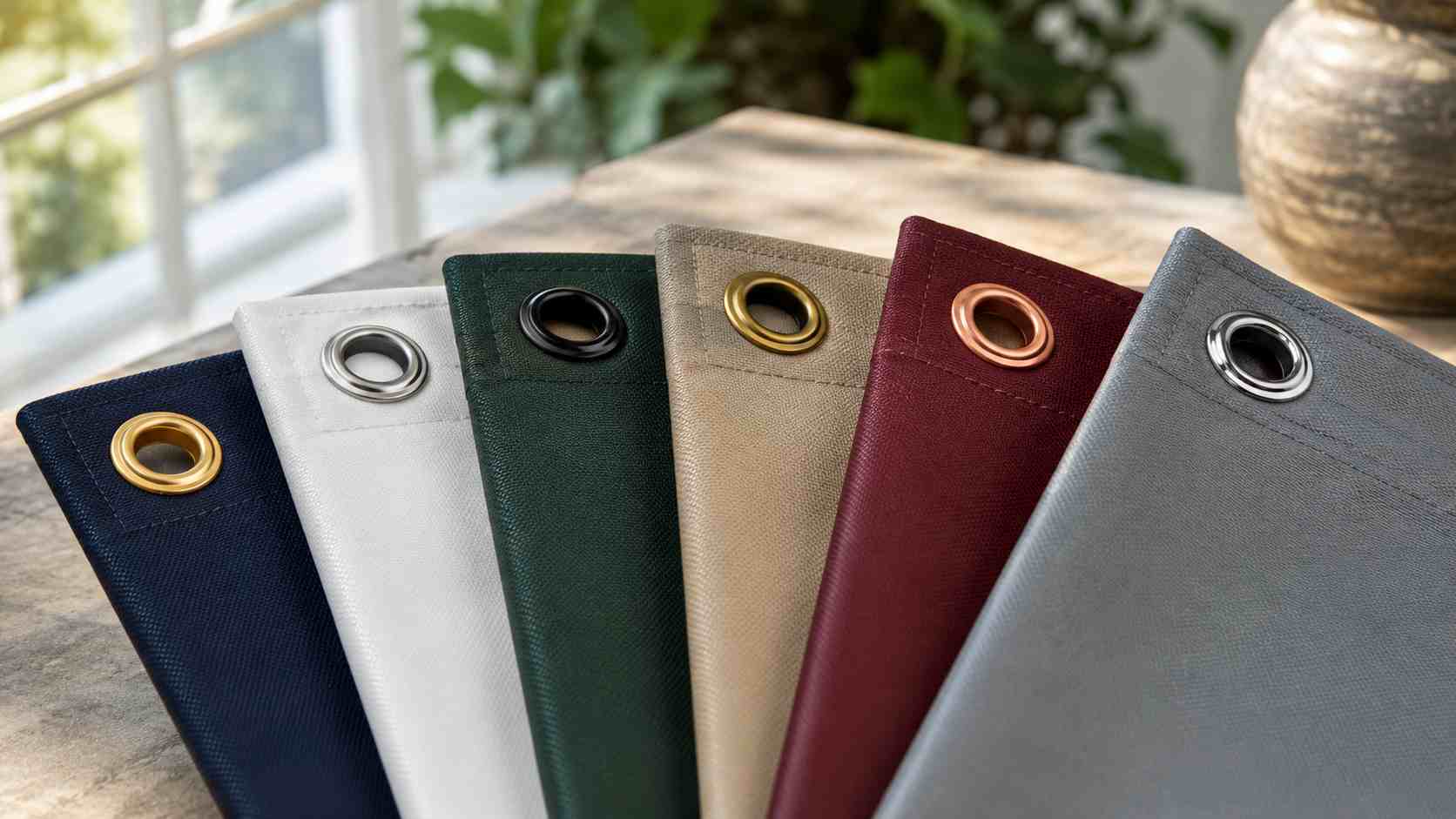 flag eyelets, The flag eyelets are visible on fabric samples in different colors.